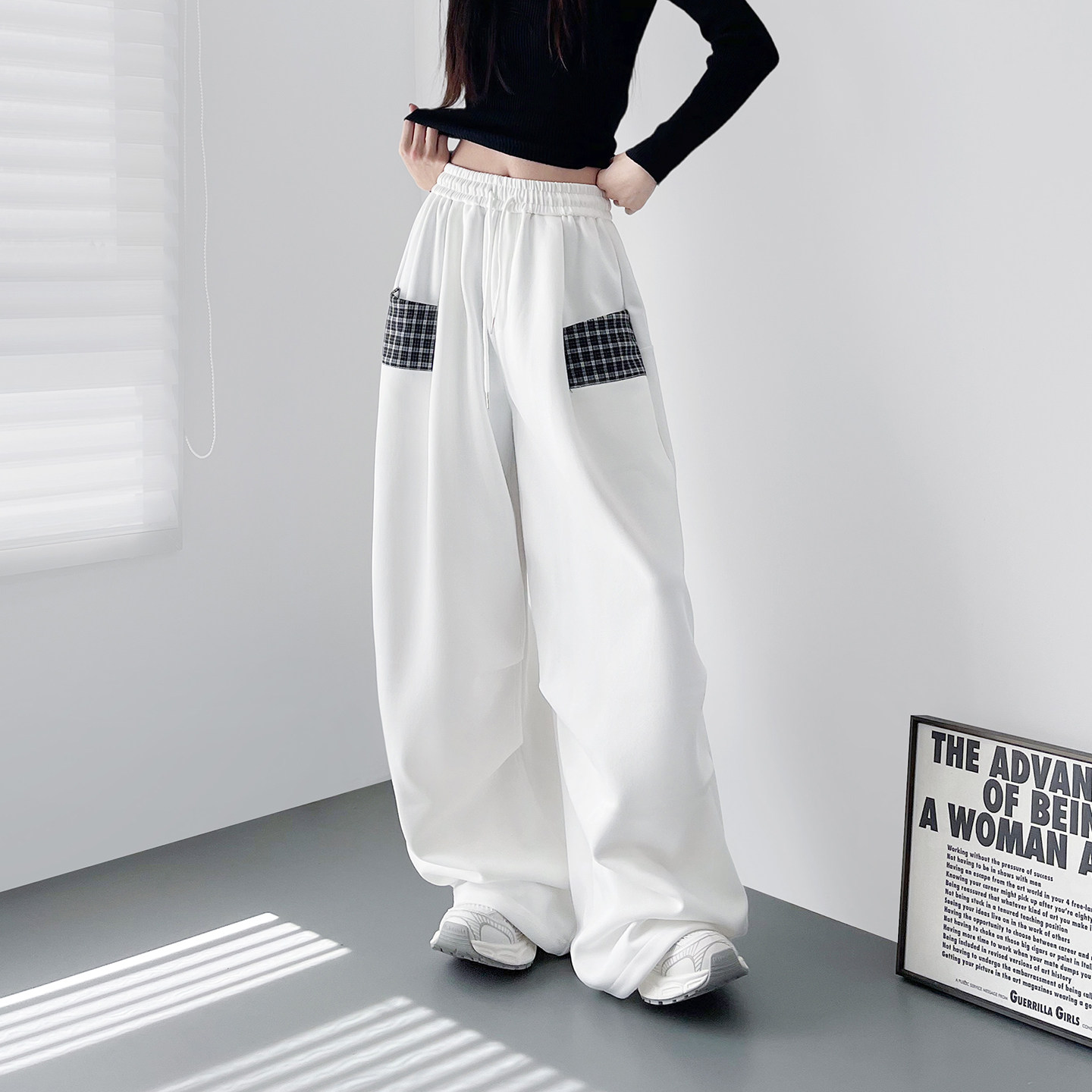 大码白色拼接格子口袋阔腿裤女秋季胖mm宽松显瘦软糯休闲运动裤子,淘宝优惠券,粉丝福利购,淘宝优惠卷