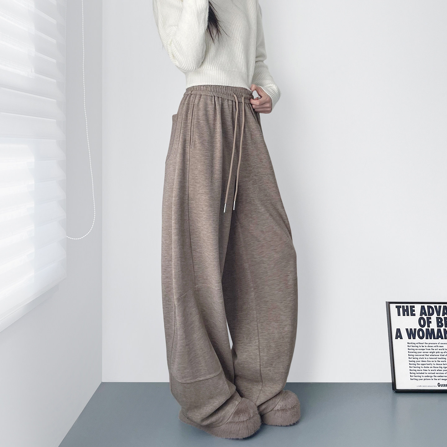 高腰慵懒风仿羊绒弯刀裤女2025冬季新款大码胖mm显瘦加厚阔腿裤子,淘宝优惠券,粉丝福利购,淘宝优惠卷