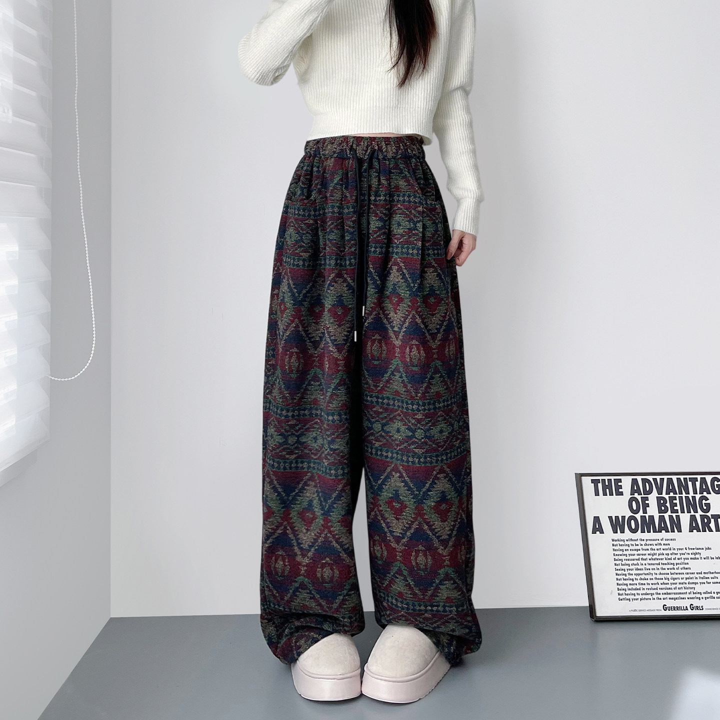 民族风冬季阔腿裤女2025新款大码胖mm羊毛加厚显瘦不臃肿垂感裤子,淘宝优惠券,粉丝福利购,淘宝优惠卷