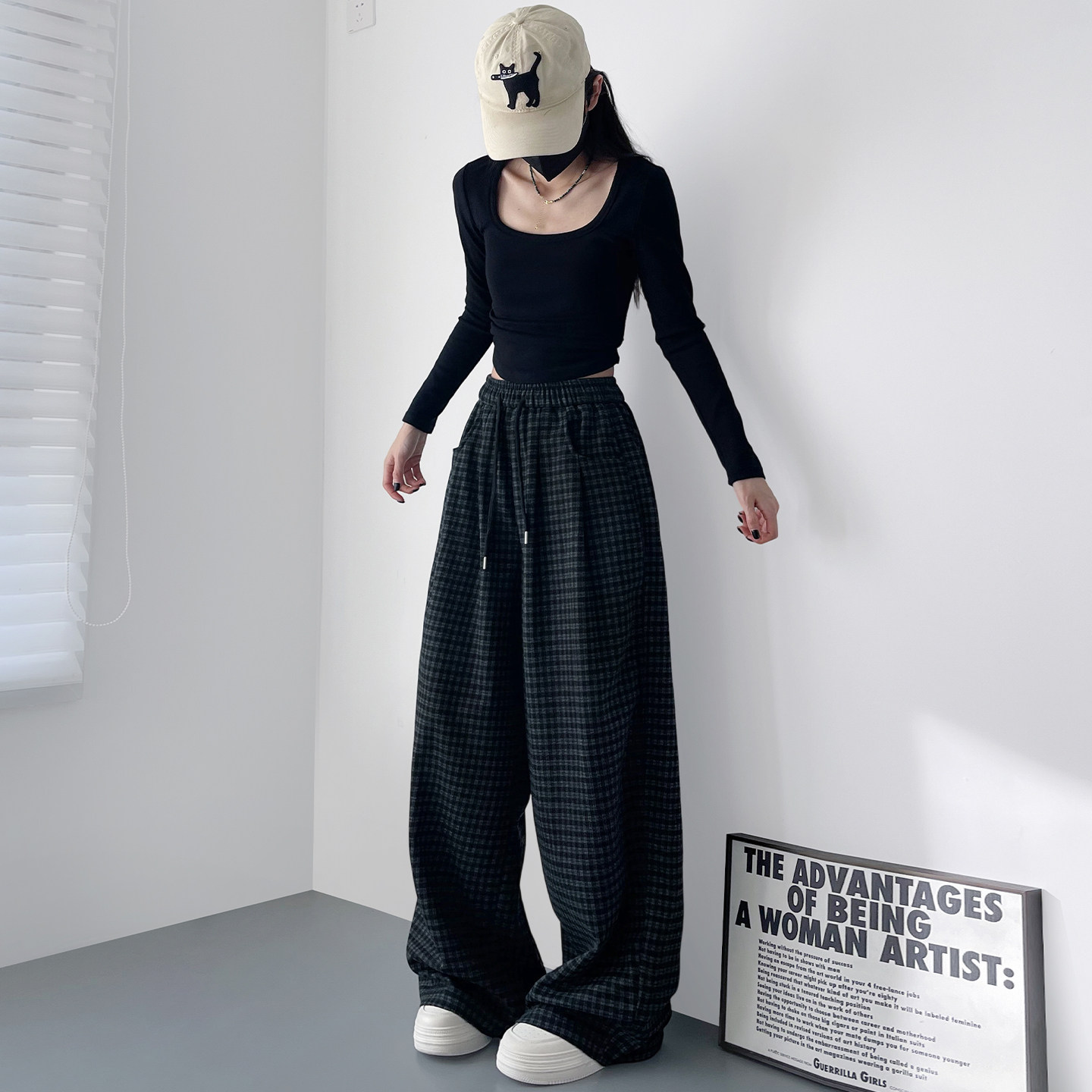 春季新款高腰格子慵懒风阔腿裤女大码胖mm宽松显瘦松弛感休闲长裤,淘宝优惠券,粉丝福利购,淘宝优惠卷