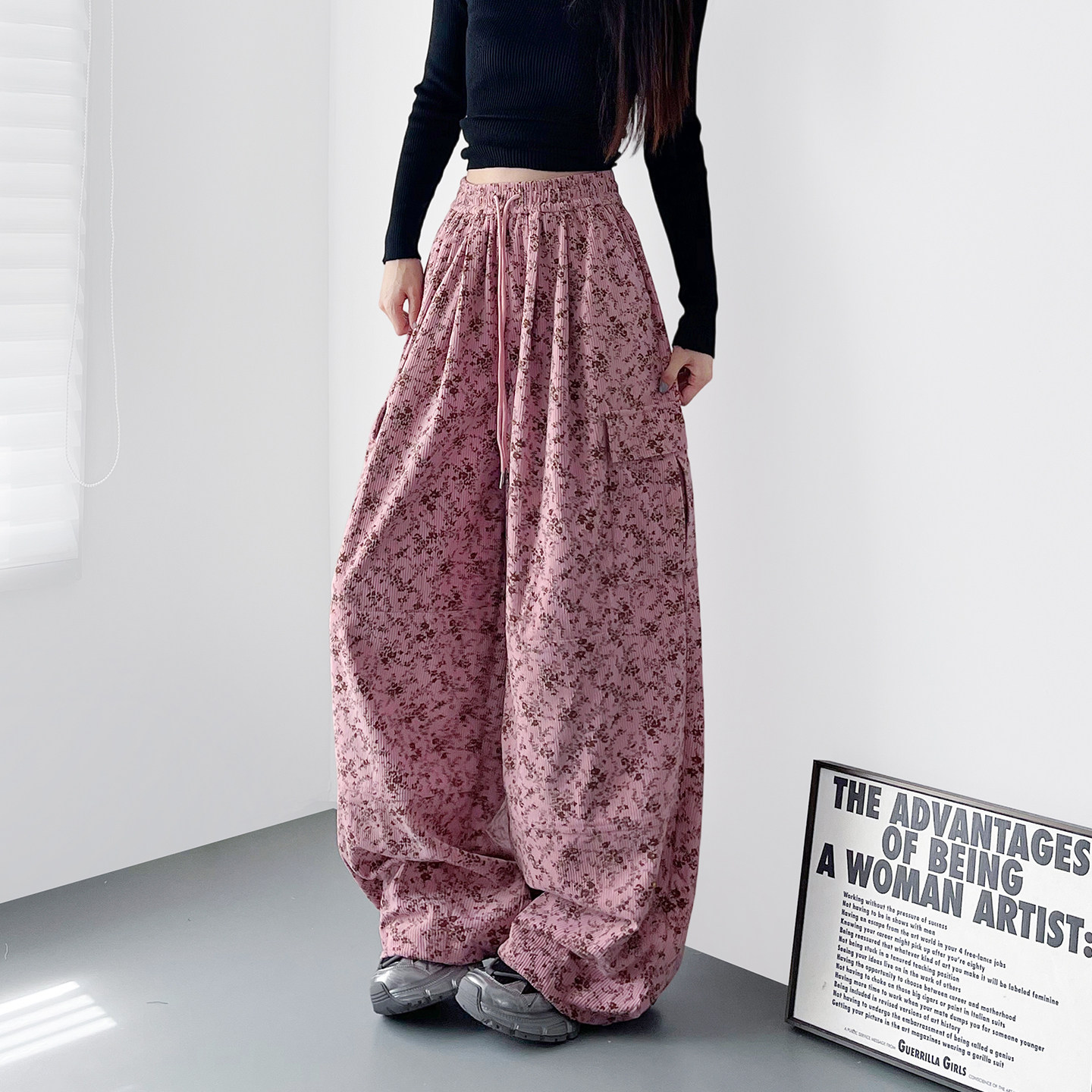 大码粉色高腰碎花工装裤女2026春季新款胖mm显瘦慵懒风休闲阔腿裤,淘宝优惠券,粉丝福利购,淘宝优惠卷