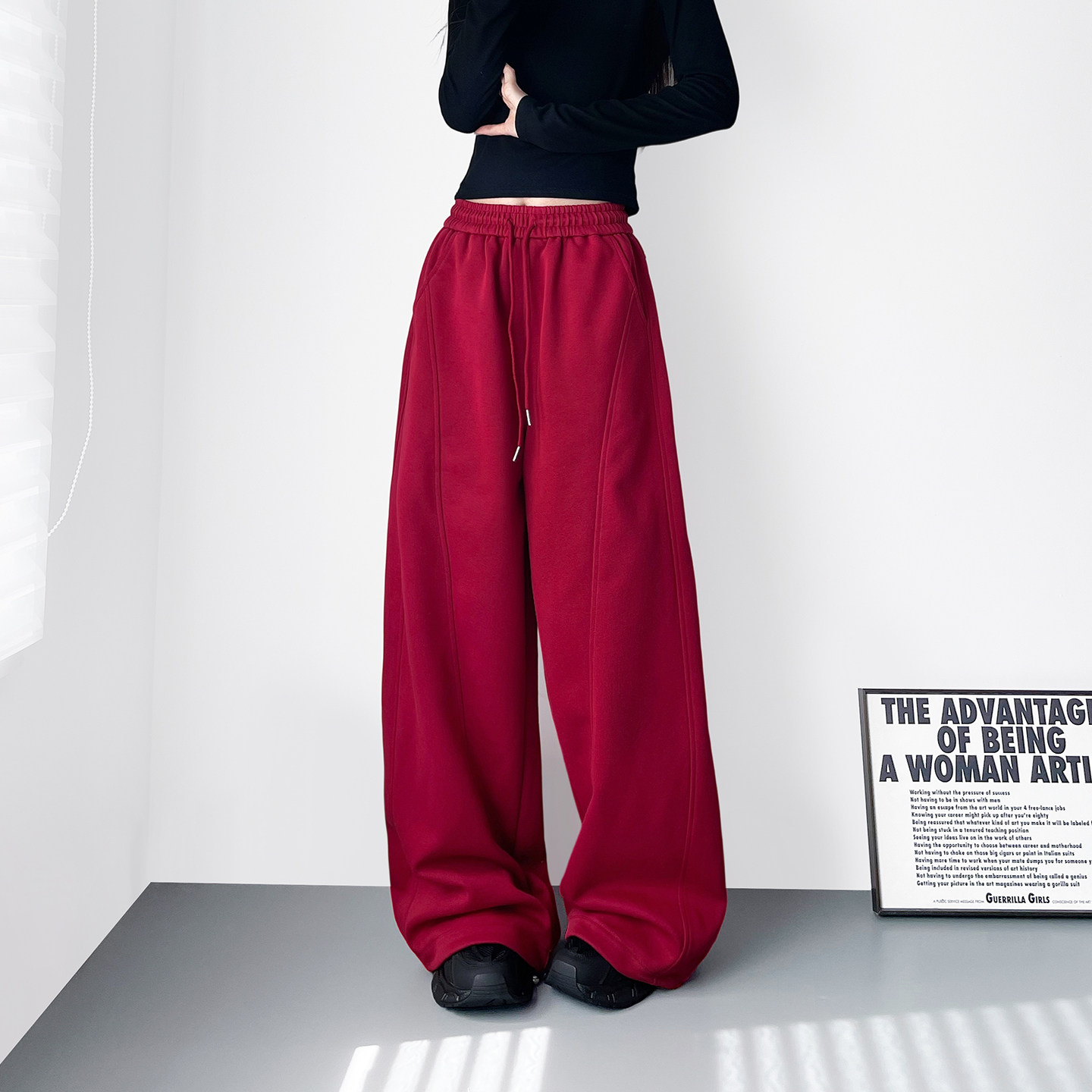 红色高腰垂感慵懒风运动卫裤子女冬季新款大码胖mm显瘦加绒阔腿裤,淘宝优惠券,粉丝福利购,淘宝优惠卷