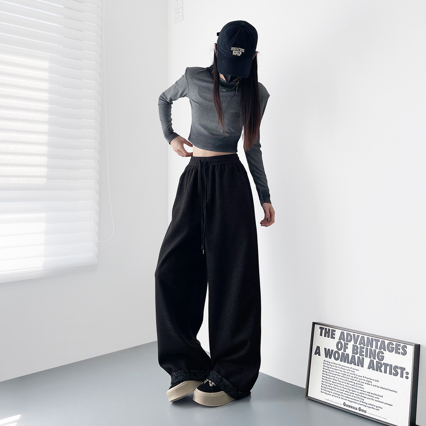 仿羊绒复古慵懒风拼接阔腿裤女冬季新款设计感大码胖mm显瘦卫裤子,淘宝优惠券,粉丝福利购,淘宝优惠卷