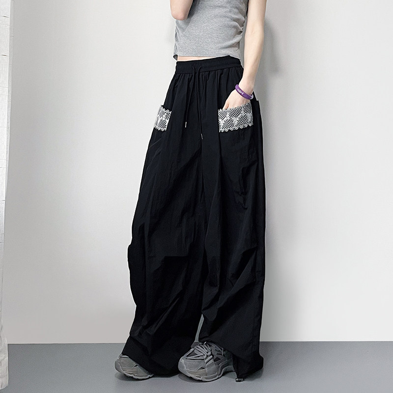 大码宽松胖mm蕾丝口袋阔腿裤女夏季胖mm显瘦运动冰丝速干工装裤子,淘宝优惠券,粉丝福利购,淘宝优惠卷