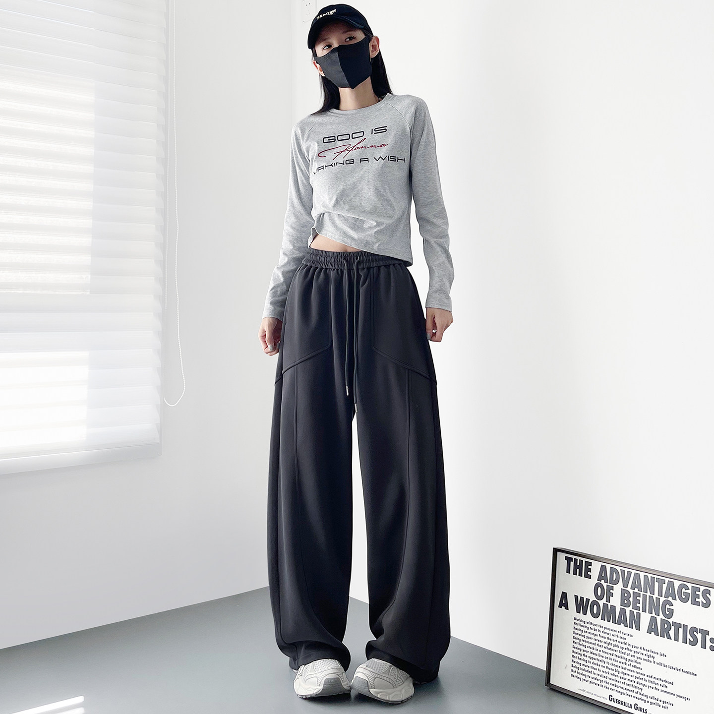 高腰抽绳显瘦松弛感阔腿裤女秋季新款大码胖mm慵懒风遮肉运动裤子,淘宝优惠券,粉丝福利购,淘宝优惠卷