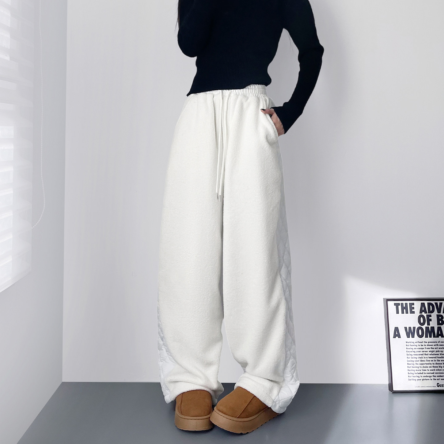 大码显瘦保暖不臃肿拼接羽绒阔腿裤女冬季防寒加绒加厚运动卫裤子,淘宝优惠券,粉丝福利购,淘宝优惠卷