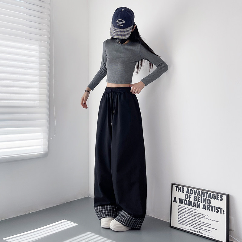 高腰格子拼接裤脚阔腿裤女2025秋季新款大码胖mm松弛感休闲直筒裤,淘宝优惠券,粉丝福利购,淘宝优惠卷