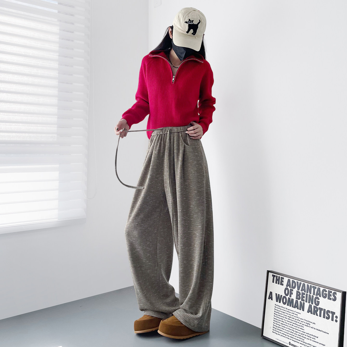 高腰慵懒风编织设计感阔腿裤女冬季新款大码胖mm显瘦藏肉休闲裤子,淘宝优惠券,粉丝福利购,淘宝优惠卷