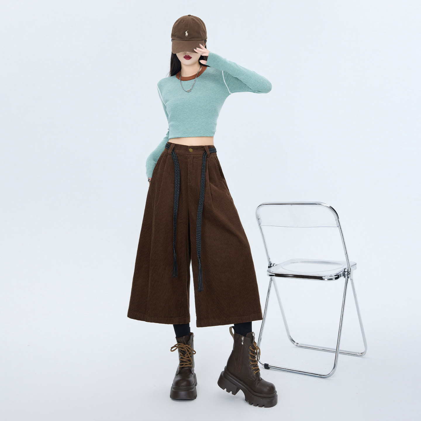 大码复古老钱风腰部系带设计感七分裤女冬季胖mm灯芯绒时髦阔腿裤,淘宝优惠券,粉丝福利购,淘宝优惠卷