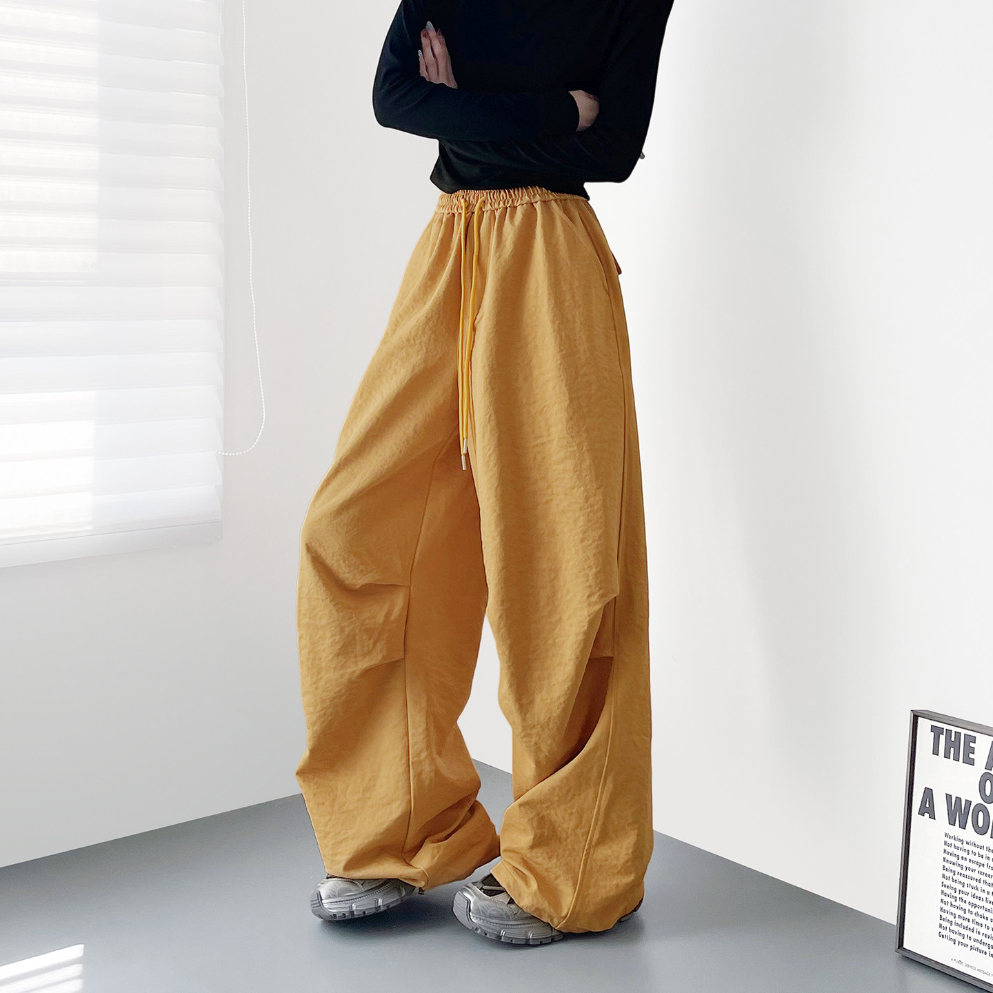 大码肌理感压褶阔腿裤女秋季新款胖mm宽松显瘦慵懒运动休闲长裤子,淘宝优惠券,粉丝福利购,淘宝优惠卷