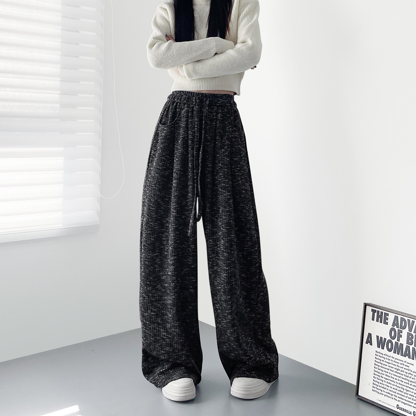 高腰慵懒风编织设计感阔腿裤女冬季新款大码胖mm显瘦藏肉休闲裤子,淘宝优惠券,粉丝福利购,淘宝优惠卷