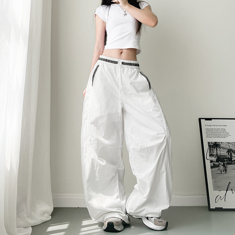 白色不透冰丝高腰拼接阔腿裤女大码胖mm显瘦宽松慵懒风运动直筒裤,淘宝优惠券,粉丝福利购,淘宝优惠卷