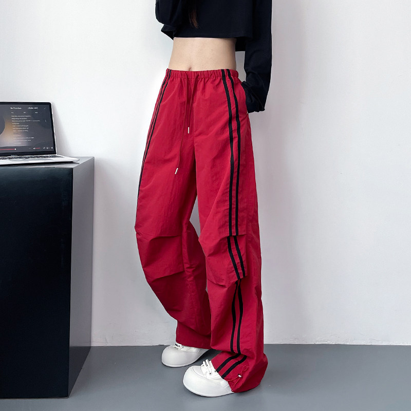 条纹抽绳休闲裤女秋季大码胖mm宽松显瘦阔腿裤酷飒跩姐伞兵工装裤,淘宝优惠券,粉丝福利购,淘宝优惠卷