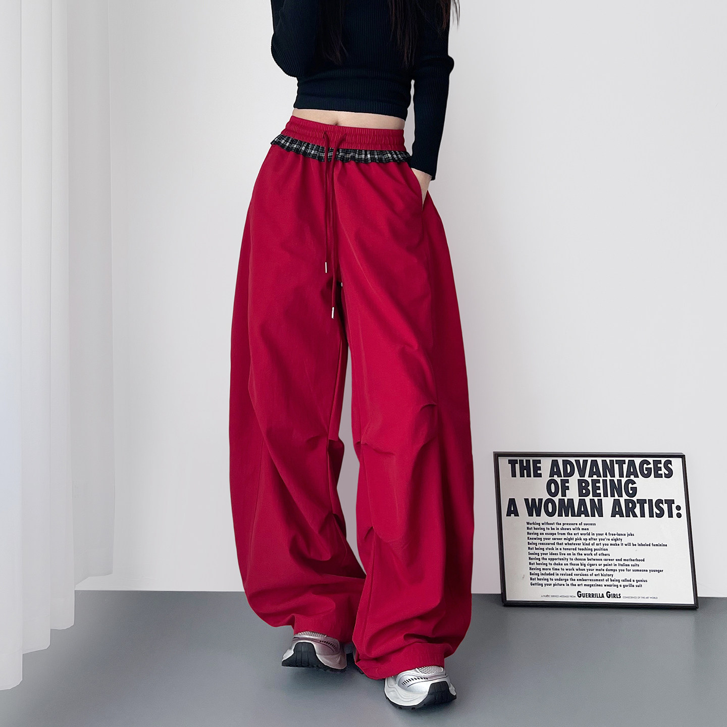 大码红色压褶阔腿裤春季新款胖mm设计感拼接格子显瘦大裤腿运动裤,淘宝优惠券,粉丝福利购,淘宝优惠卷