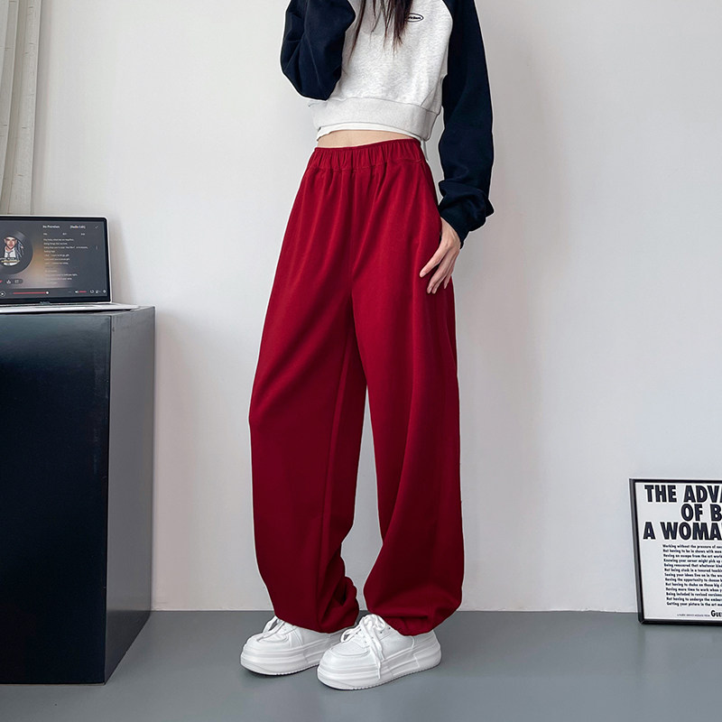 复古红色卫裤女早秋大码胖mm直筒休闲运动裤高腰宽松显瘦阔腿裤子,淘宝优惠券,粉丝福利购,淘宝优惠卷