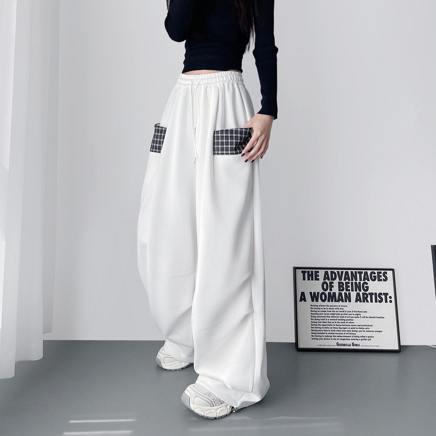 大码白色拼接格子口袋阔腿裤女秋季胖mm宽松显瘦软糯休闲运动裤子,淘宝优惠券,粉丝福利购,淘宝优惠卷