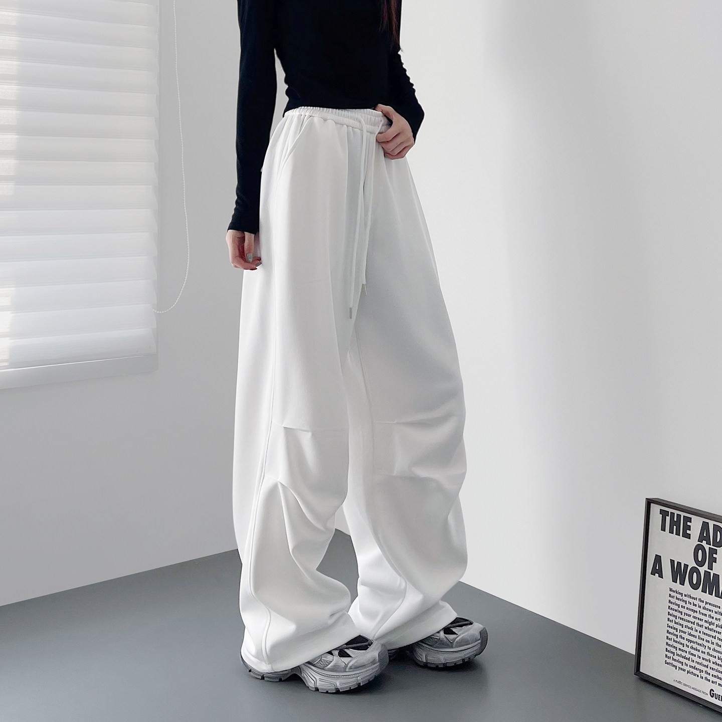 大码白色高腰慵懒风压褶休闲卫裤女春季新款大码胖mm显瘦阔腿裤子,淘宝优惠券,粉丝福利购,淘宝优惠卷