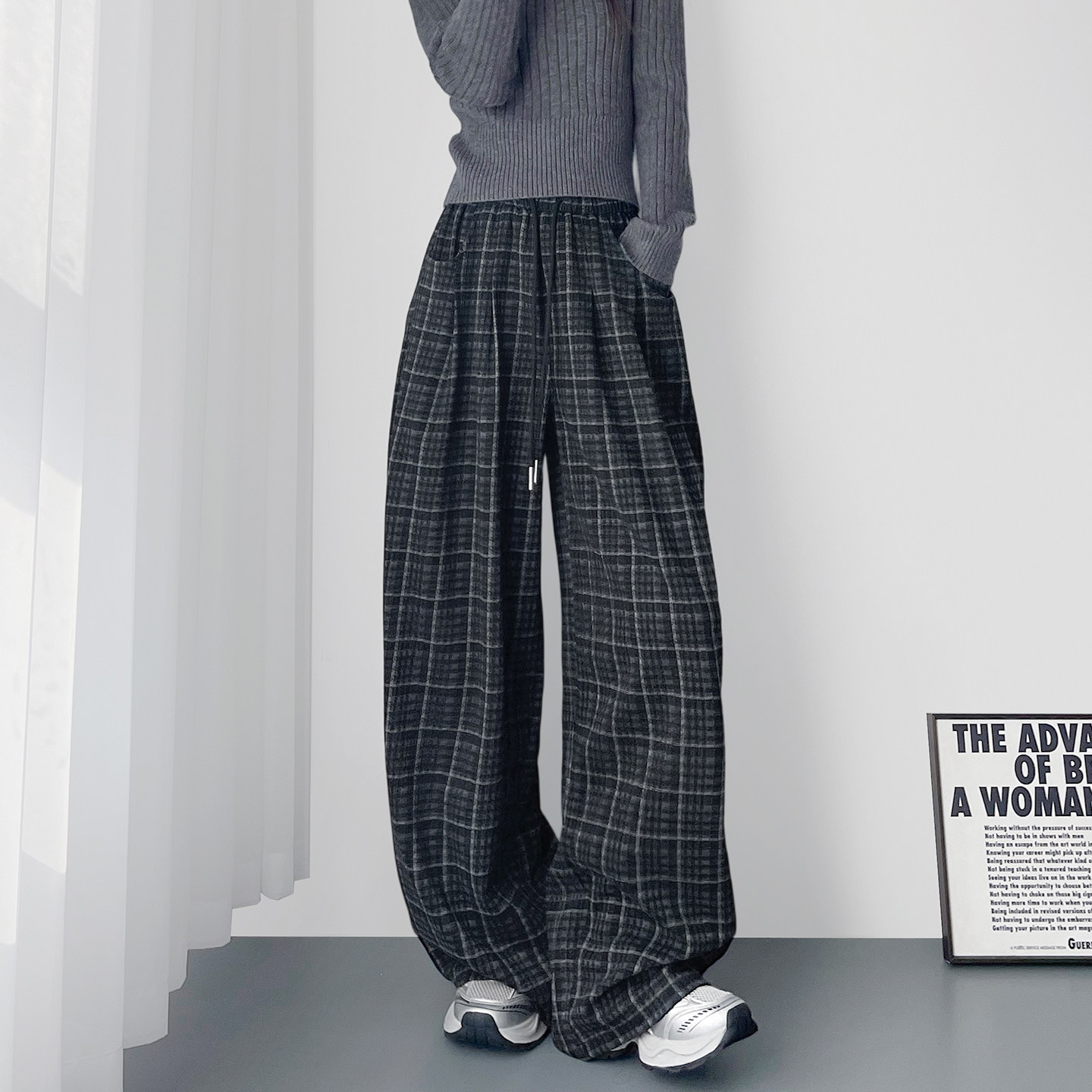 大码格子阔腿裤女冬季高腰垂感软糯堆堆裤胖mm显瘦加厚防风香蕉裤,淘宝优惠券,粉丝福利购,淘宝优惠卷