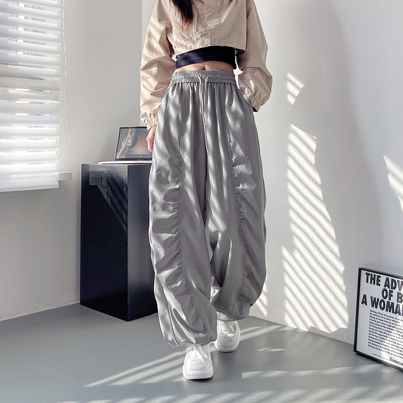 大码休闲阔腿裤女秋季胖mm褶皱休闲运动裤高腰抽绳显瘦工装裤子,淘宝优惠券,粉丝福利购,淘宝优惠卷