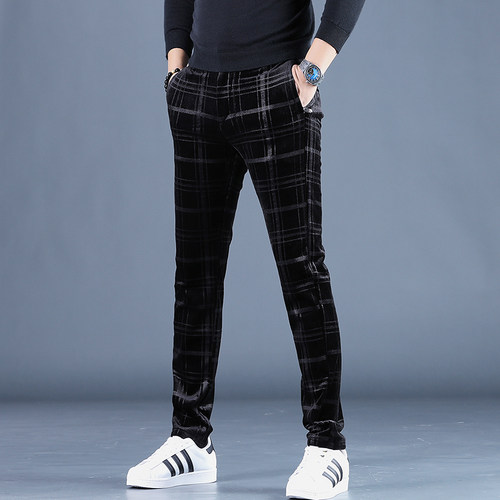 男装直筒裤潮牌棋盘格男士休闲裤弹力显瘦原创设计秋冬金丝绒西裤 - 图1
