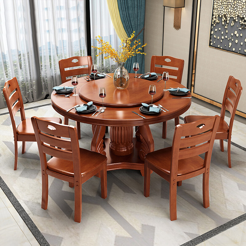 实木餐桌带转盘圆形饭桌大圆桌子6人8人10人家用经济型餐桌椅组合-图0