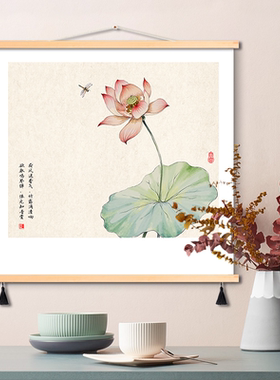 新款中式荷花装饰画挂画客厅餐厅简约花鸟壁画遮挡墙画竹子布艺画