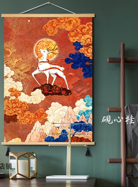 发财鹿玄关高级感新中式入户走廊过道装饰画红色敦煌壁画布艺挂画