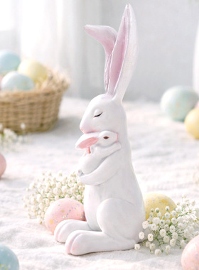 新品 复活节装饰品 INS风可爱母子兔子树脂摆件 家居装饰礼品