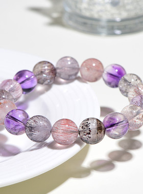 久雅水晶 天然7A级马卡龙超七发晶圆珠手链 多宝老矿超七手串