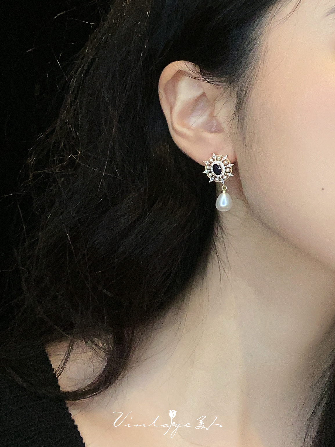 「鎏金黑松露」复古轻奢法式高级感精致黑宝石水滴珍珠耳环/耳夹