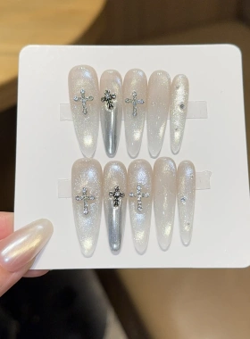 千繁【云气银纱】甜酷克罗心猫眼精品纯手工穿戴甲美甲贴片假指甲