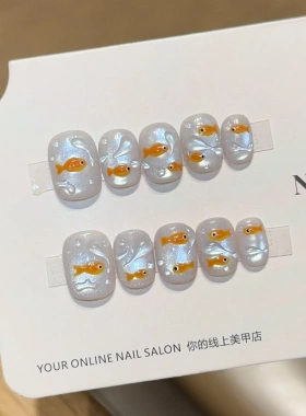 千繁【小鱼儿】夏日手绘锦鲤猫眼精品纯手工穿戴甲美甲贴片假指甲