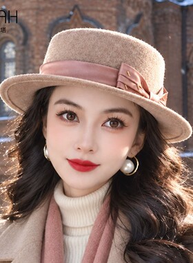 布塔秋冬英伦风纯羊毛呢帽女士蝴蝶结装饰小礼帽高级感帽子定型帽