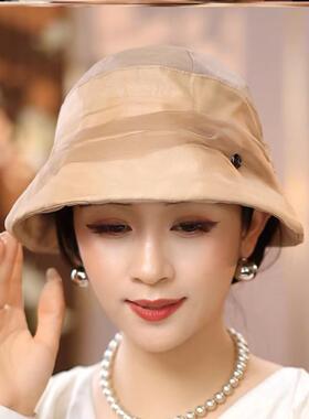 布塔2024夏日桑蚕丝沙滩防晒遮阳帽子女防紫外线渔夫帽真丝太阳帽