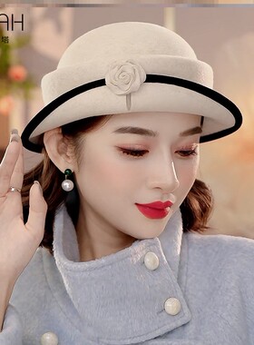 布塔纯羊毛小礼帽女秋冬新款羊毛呢海盗帽高级感定型帽显脸小帽子