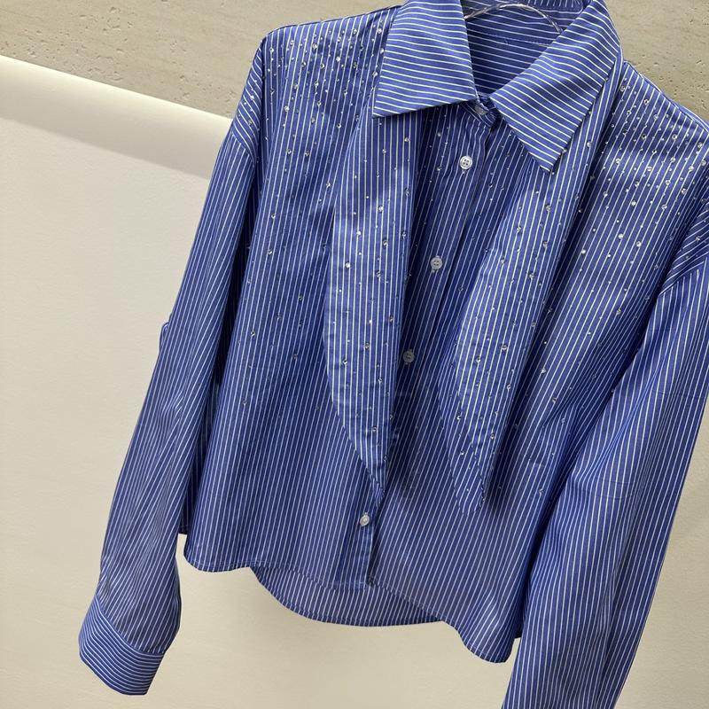 精致感清爽蓝白条纹烫钻假两件翻领衬衫,淘宝优惠券,粉丝福利购,淘宝优惠卷