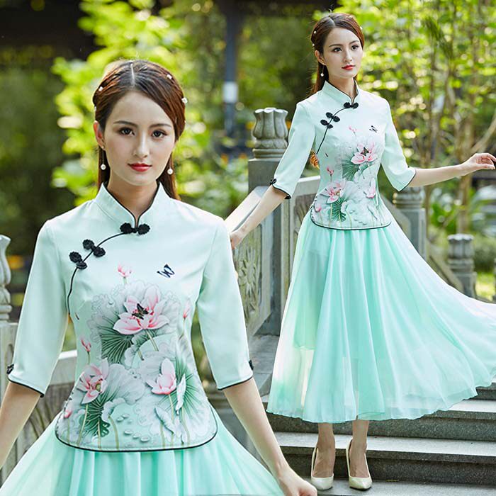 旗袍女改良版中袖上衣两件套民国风文艺复古春中国风汉服女装唐装