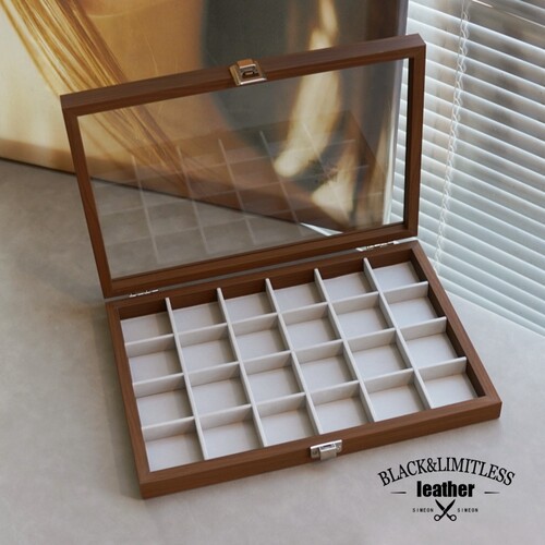 24格胡桃木纹防尘带盖首饰收纳盒耳环耳饰串珠文玩胸针格子饰品盒 - 图0