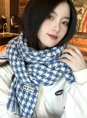女款黑色围巾千鸟格格子女生秋冬季配大衣2026网红冬款女式围脖厚