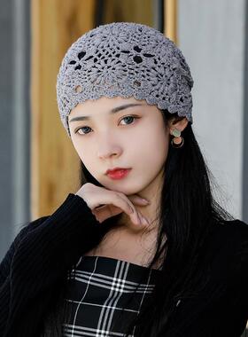 女式薄款帽子夏天遮白发钩花镂空包头帽针织春秋薄款时尚女帽春款