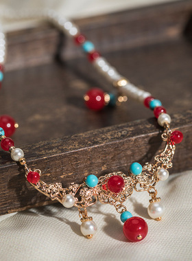 古风汉服配饰璎珞新中式复古仿蓝松石珍珠项链女中国风软