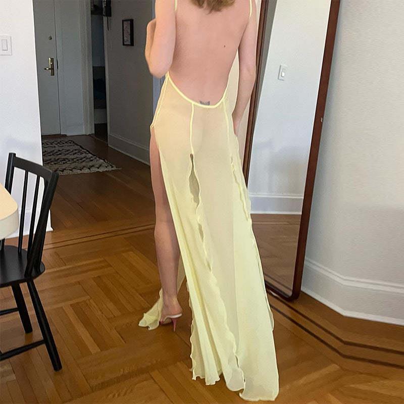 透视露背开叉镂空沙滩裙罩衫连衣裙女Perspective backless dress - 图1