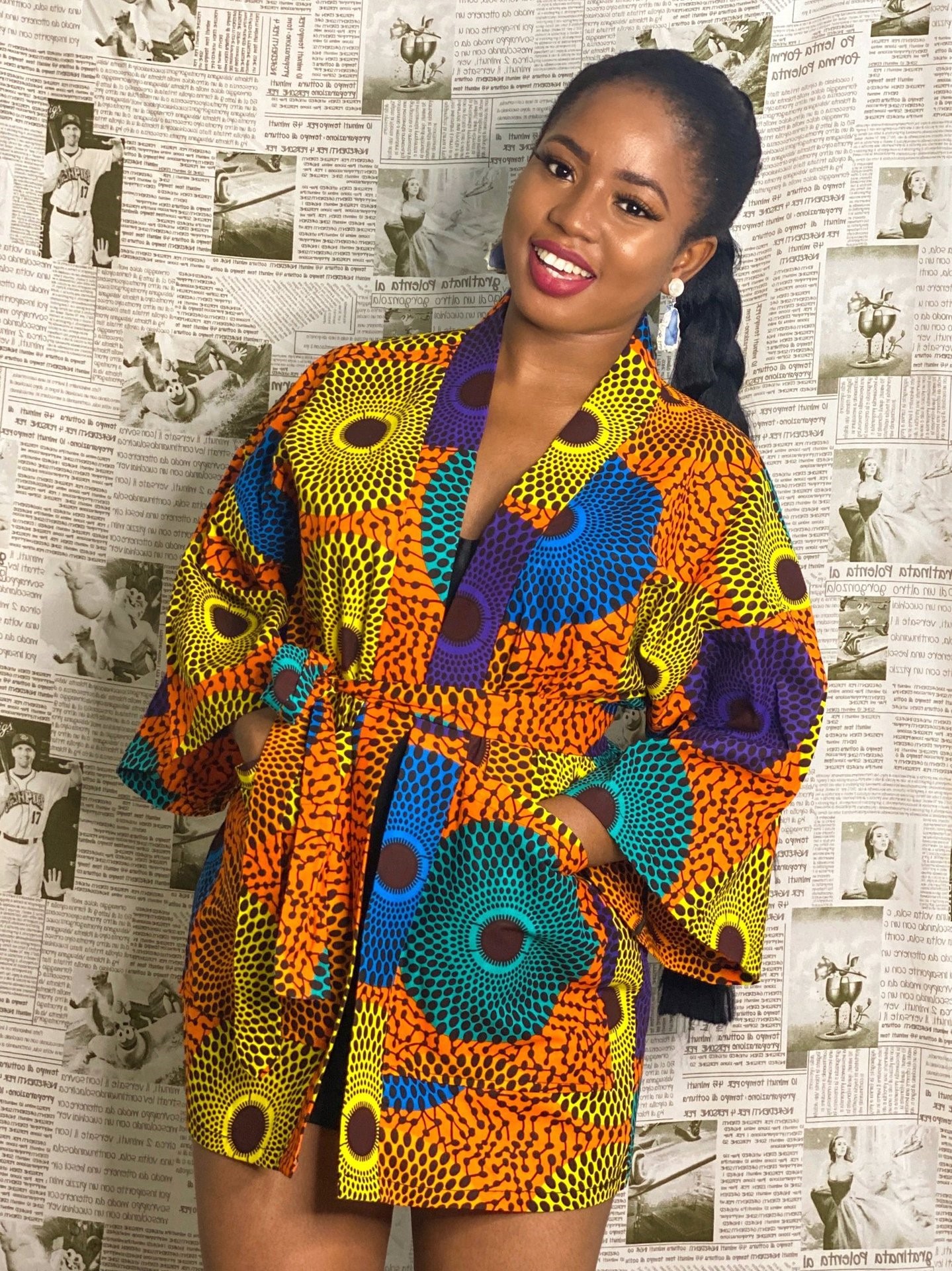 非洲印花拼接腰带口袋外套女装African kimono print coat top - 图0