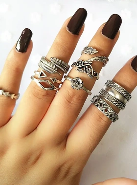 wish新品欧美波西米亚镂空雕花树叶9件套关节戒指套装女