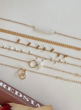 欧美合金饰品 几何珍珠小众手链叠戴风鱼骨链小花朵树叶手链6件套