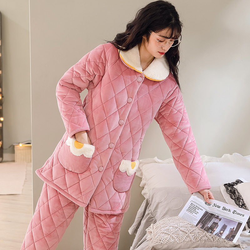 睡衣女秋冬季三层加厚珊瑚绒夹棉袄加绒保暖新款法兰绒家居服套装