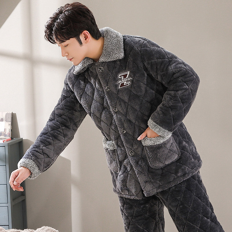 男士秋冬季三层加绒冬天珊瑚绒夹棉 轩朵淇服饰睡衣/家居服套装