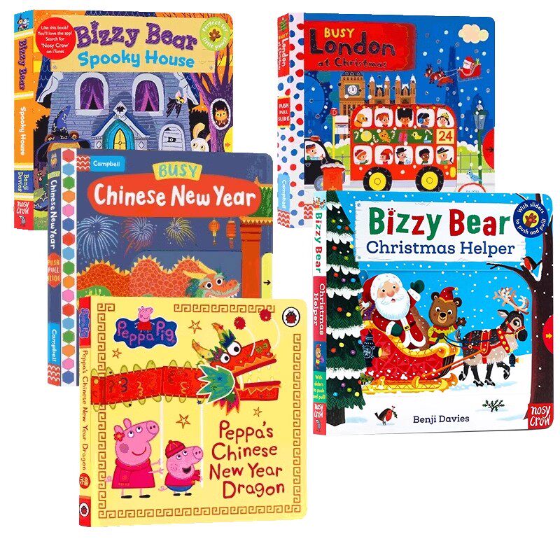 万圣节圣诞节春节主题绘本5册 Busy系列 英文原版机关操作书Halloween Christmas Peppa Chinese New Year中国新年龙忙碌的纸板书