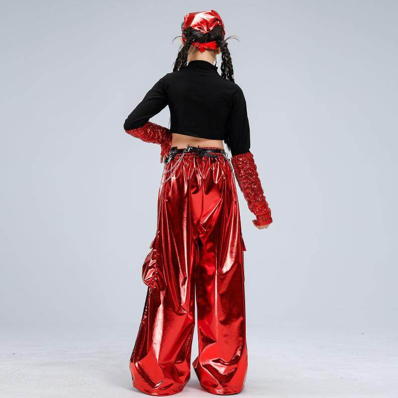 女童爵士舞套装露脐黑红亮片皮裤舞蹈服jazz女孩街舞元旦表演服装,淘宝优惠券,粉丝福利购,淘宝优惠卷