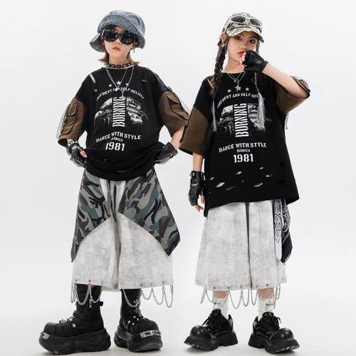 少儿街舞服装男童嘻哈潮服酷帅破洞拼接套装hiphop女童酷帅演出服 - 图2